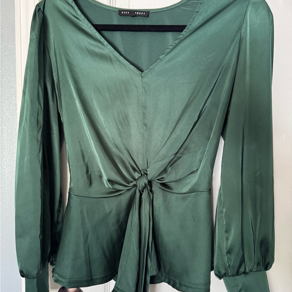 Fifty Street Emerald Satin Blouse with Tie Detail